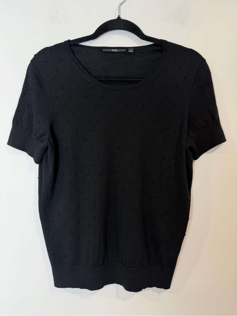 HUGO BOSS Women’s 100% Wool Short-sleeve Knit Top 3D Dots Black Blouse Size XL